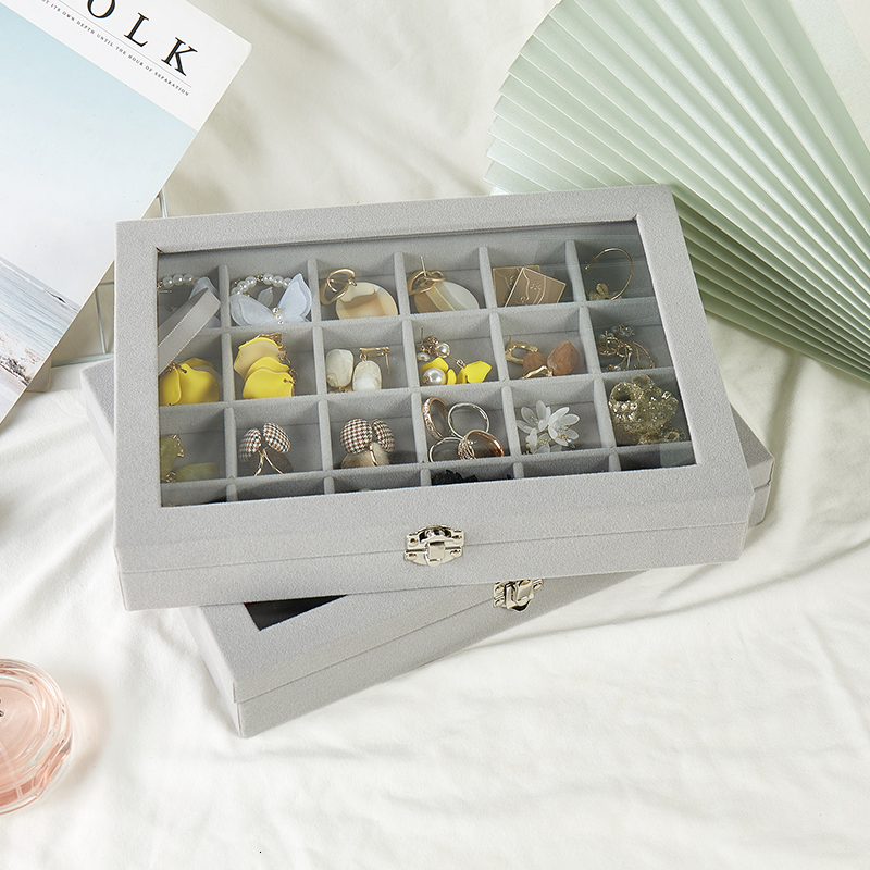 Jewelry Boxes Velvet Gray Carrying Case with Glass Cover Jewelry Ring Display Box Tray Holder Storage Box Organizer Earrings Ring Bracelet 230616