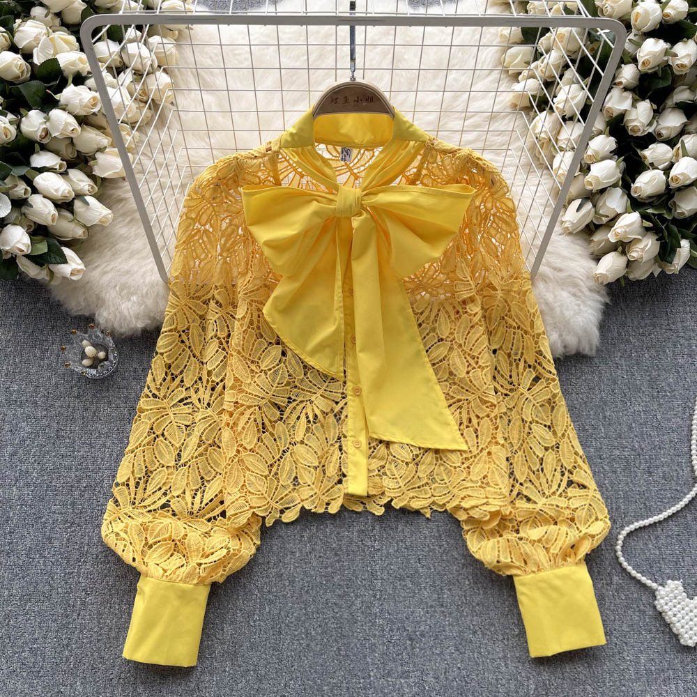 Women's Blouses French Lace Tops Women's Summer 2023 New Fashion Bow Neck Openwork Long Sleeve Solid Color Party Clothes Blouse Shirts