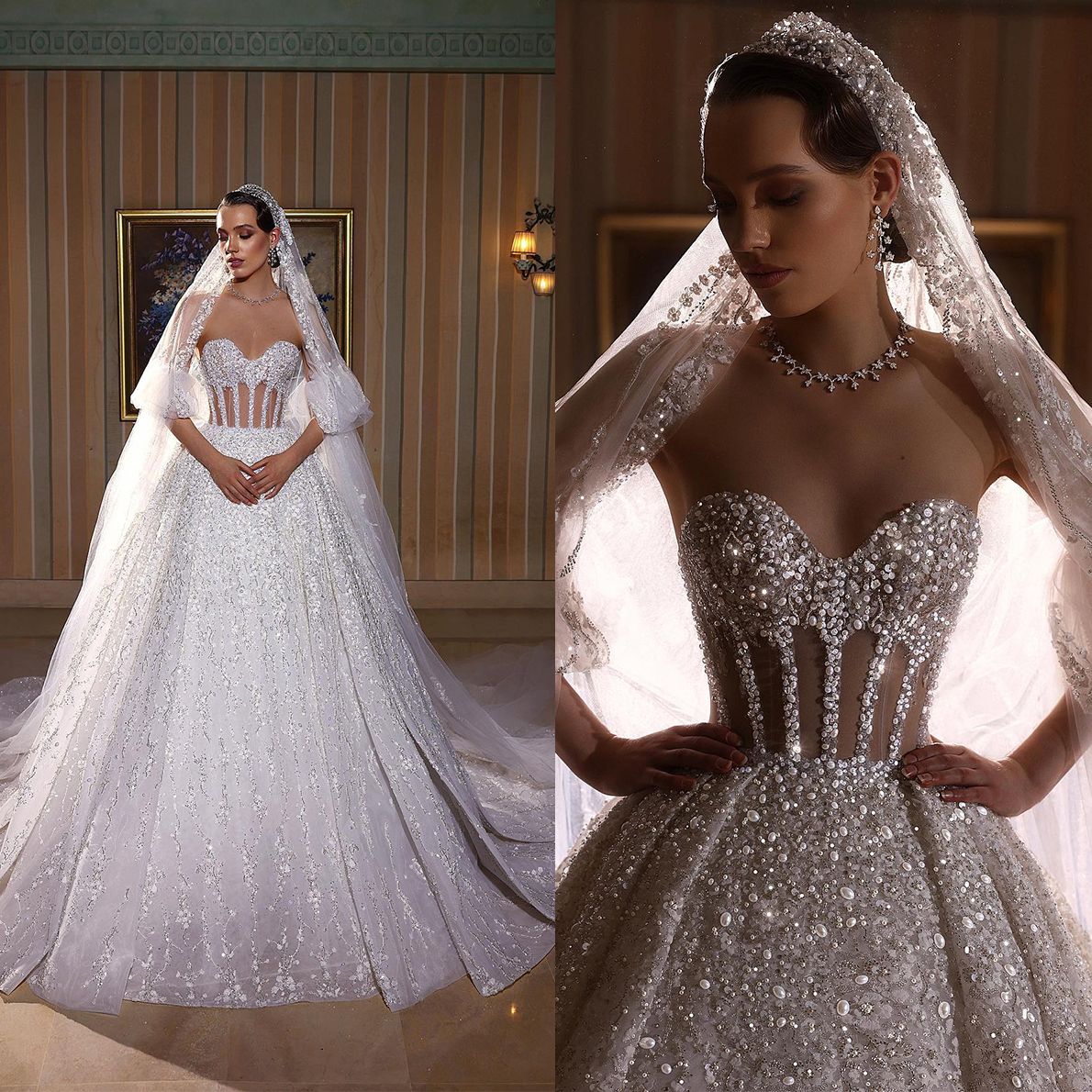 Exquisite Sweetheart Arabic Wedding Dresses Ball Gown Shiny Pearls Sequins Lace Bridal Dress Custom Made Vestido De Noiva