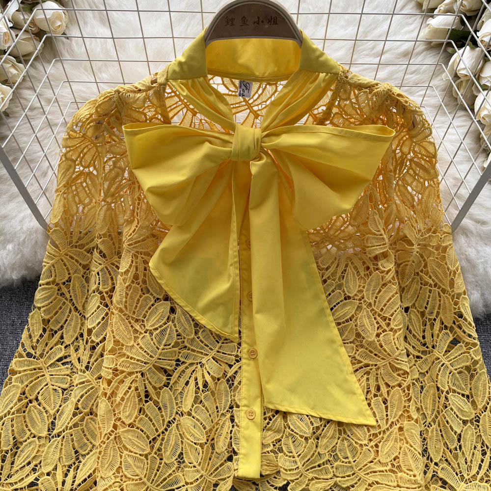 Women's Blouses French Lace Tops Women's Summer 2023 New Fashion Bow Neck Openwork Long Sleeve Solid Color Party Clothes Blouse Shirts