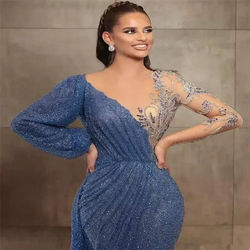 Blue Glitter Mermaid Prom Dresses Sheer Jewel Neck Beaded Sequins Long Sleeve Evening Dress Sweep Train Custom Made Illusion Robes De