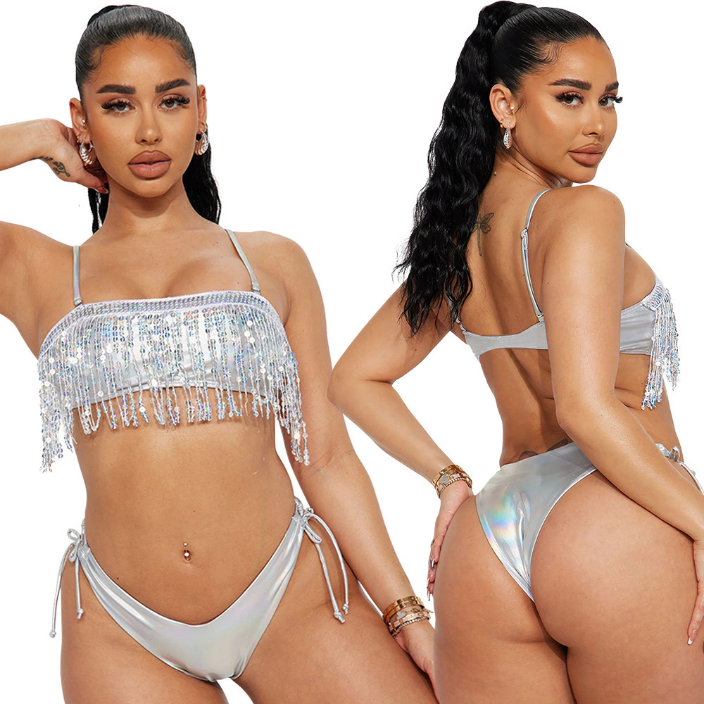 Women's Swimwear Women Fashion Blingbling Sequined Tassel Strapless Crop Top and Panties Matching Two 2 Piece Set Beach Bikinis Set 230616