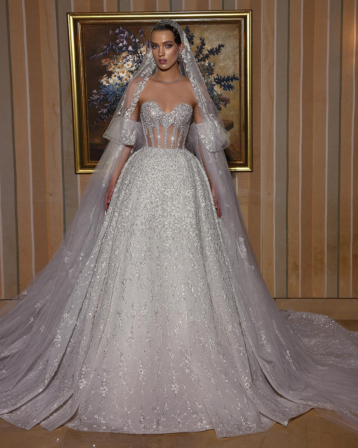 Exquisite Sweetheart Arabic Wedding Dresses Ball Gown Shiny Pearls Sequins Lace Bridal Dress Custom Made Vestido De Noiva