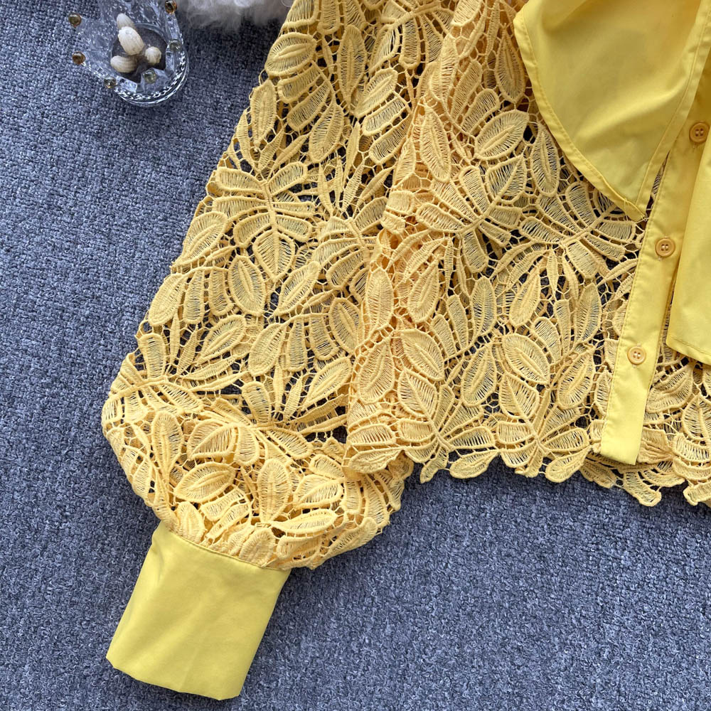 Women's Blouses French Lace Tops Women's Summer 2023 New Fashion Bow Neck Openwork Long Sleeve Solid Color Party Clothes Blouse Shirts