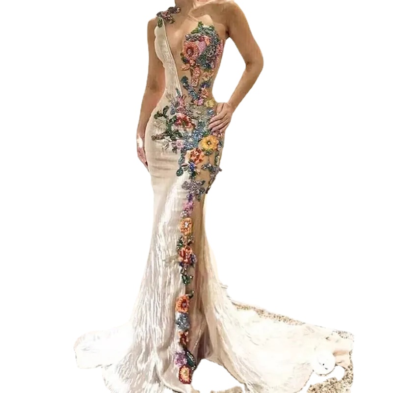 One Shouder Mermaid Evening Dresses Colorful Embroidery Flower Applique Lace Sheer Prom Dress Women Party Gown, Same as picture
One Shouder Mermaid Evening Dresses Colorful Embroidery Flower Applique Lace Sheer Prom Dress Women Party Gown, Same as picture