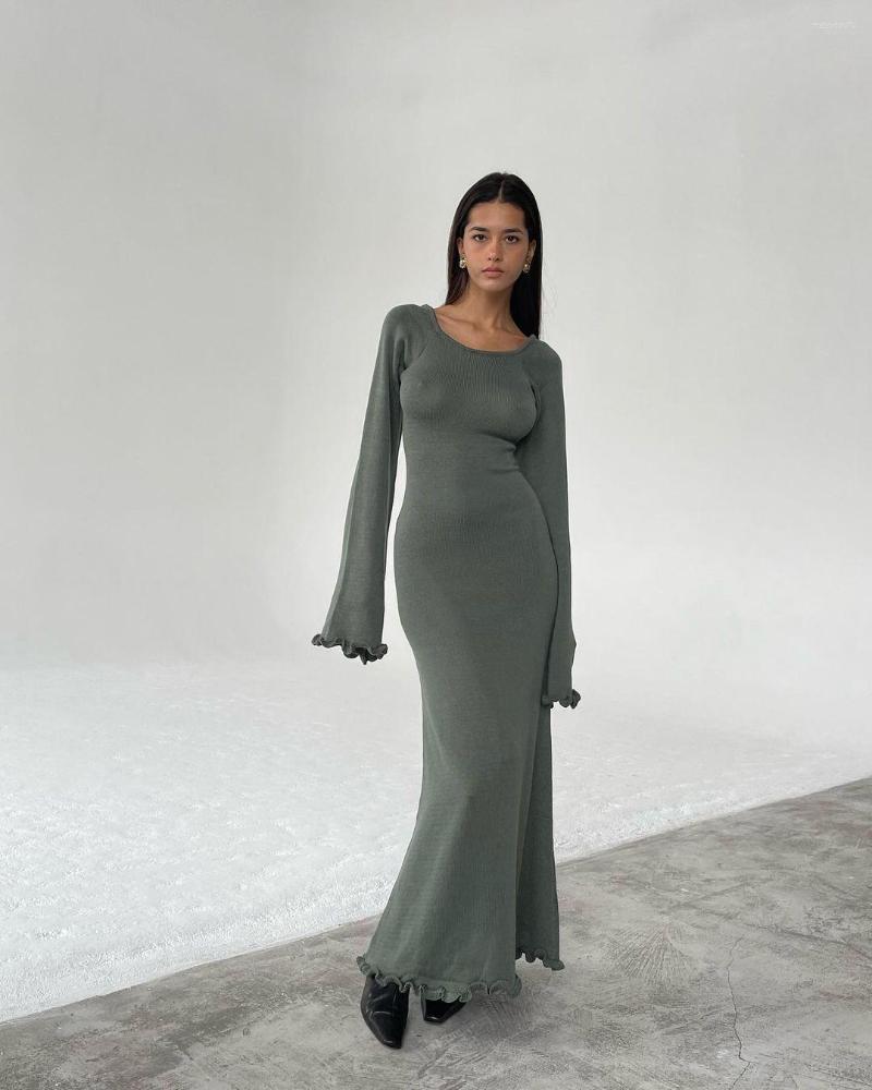 Casual Dresses Summer Women Knitted Maxi Dress Long Sleeve O-neck Beach Elegant Backless Evening Party Night Club Vestidos
