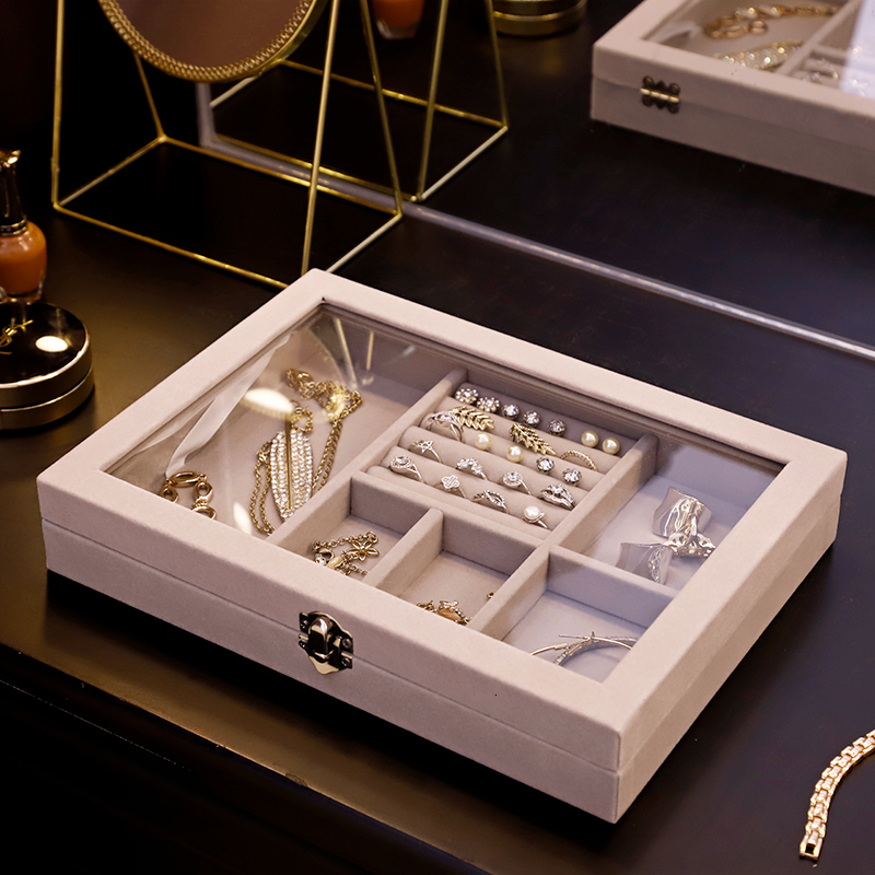 Jewelry Boxes Velvet Gray Carrying Case with Glass Cover Jewelry Ring Display Box Tray Holder Storage Box Organizer Earrings Ring Bracelet 230616