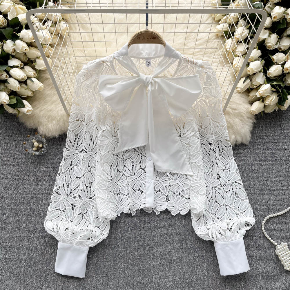 Women's Blouses French Lace Tops Women's Summer 2023 New Fashion Bow Neck Openwork Long Sleeve Solid Color Party Clothes Blouse Shirts