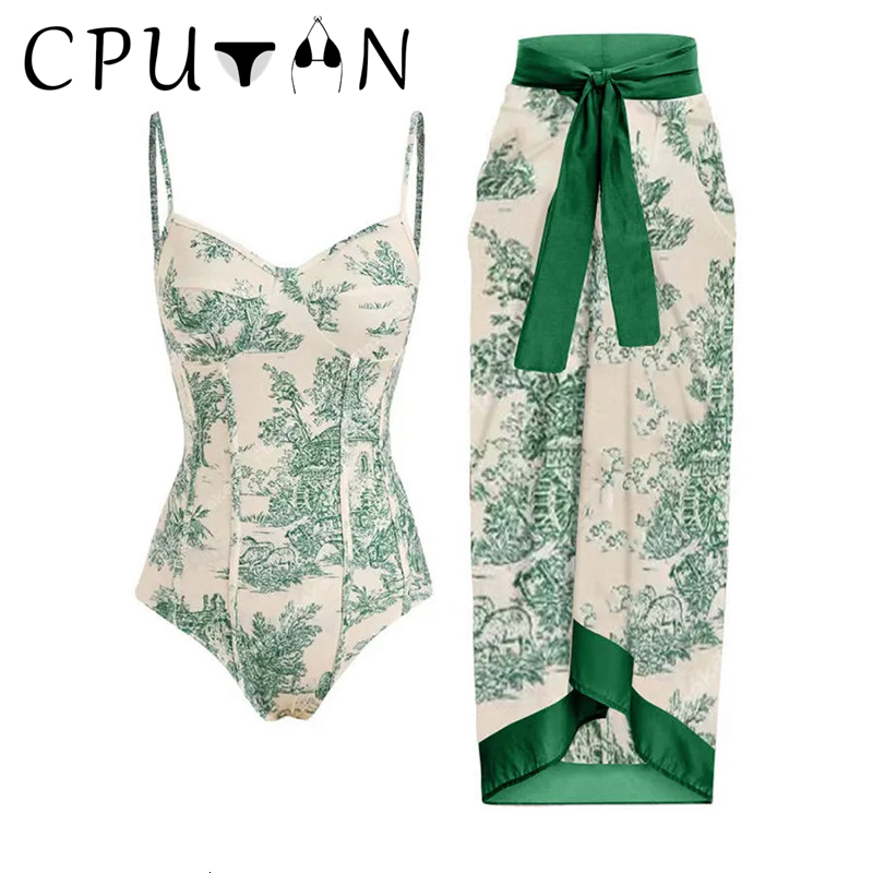 Womens Swimwear CPUTAN Vintage Green Women Swimsuit Skirt Monokini Swimwear Cover Up Bikini Set Push Up Print Beach Dress Summer 230616