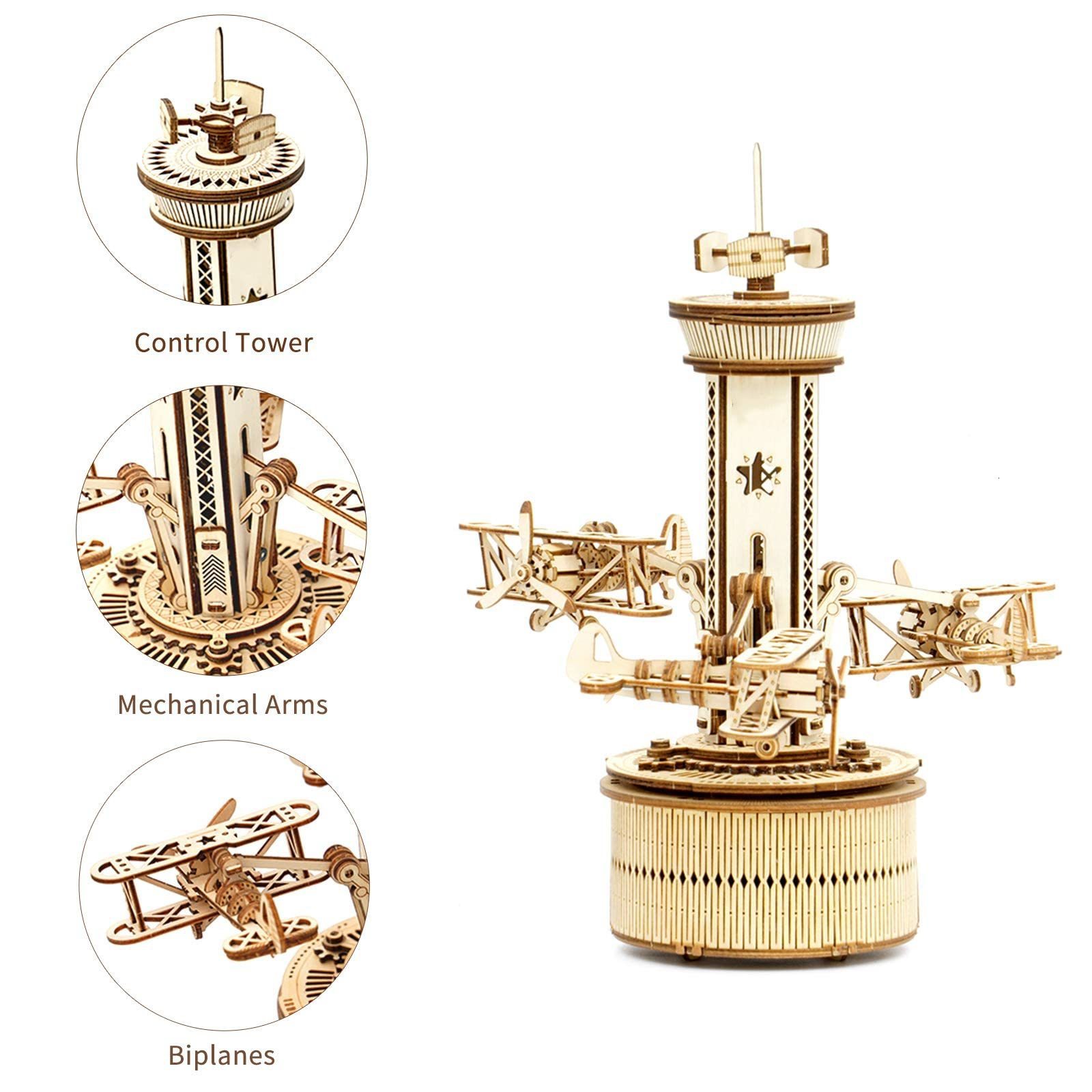 3D Puzzles Robotime Rokr 3D Wooden Puzzles for Adults DIY Musical Box Model Kit to Build Self-Assembly Building Kit Airplane- Control Tower 230616