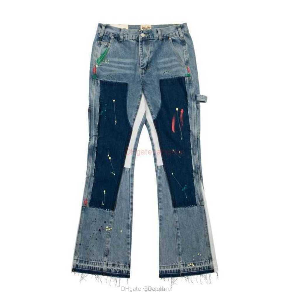 

Fashion Designer Clothing Galleries Denim Pants Galleries Heavy Industry Speckled Graffiti Micro Horn Structure Spliced Loose Contrast Jeans for Men Women, Blue