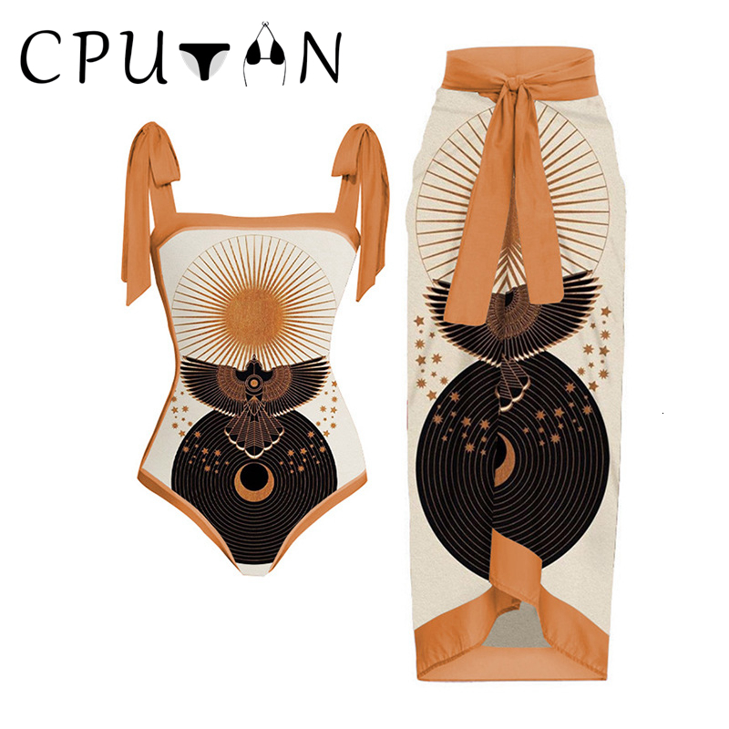 Womens Swimwear CPUTAN Vintage Green Women Swimsuit Skirt Monokini Swimwear Cover Up Bikini Set Push Up Print Beach Dress Summer 230616