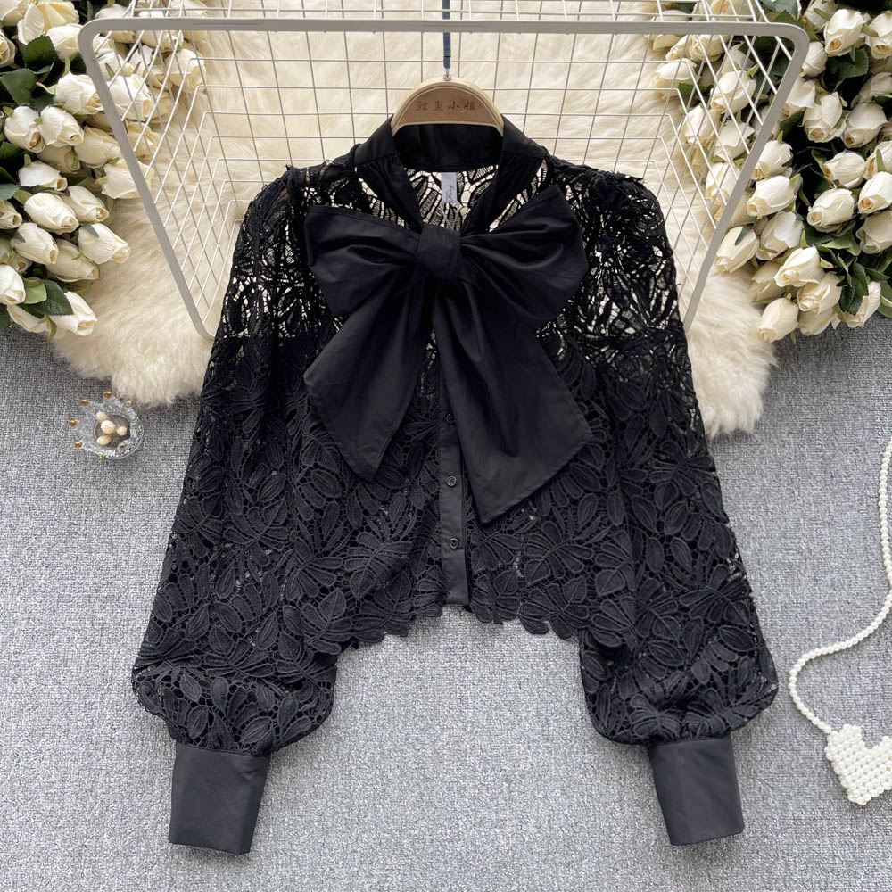 Women's Blouses French Lace Tops Women's Summer 2023 New Fashion Bow Neck Openwork Long Sleeve Solid Color Party Clothes Blouse Shirts