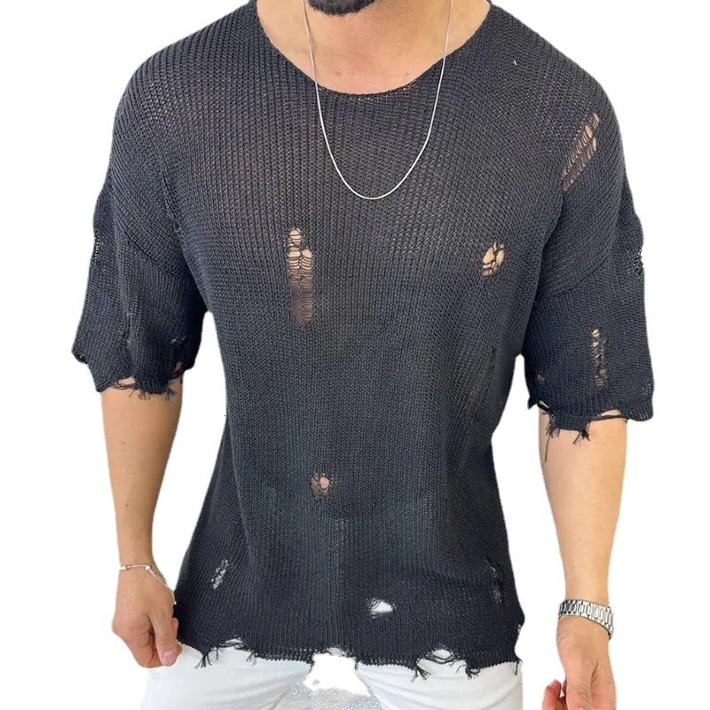 Men's T-Shirts Men Hollow Out Sexy Holes T-Shirt Knitwear Casual Loose Short Sleeve O Neck Pullover Tops Knitted Tee Shirt Male Streetwear 230617