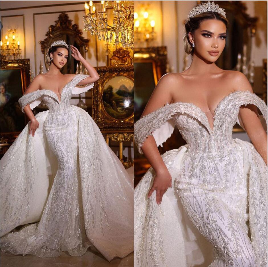 Fashion Mermaid Wedding Dresses 3D Floral Appliques Off Shoulder Short Sleeve Bridal Gowns Cutom Made Vestido de noiva