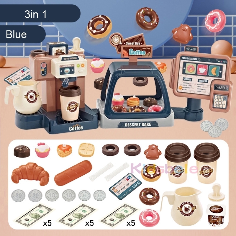 Kitchens Play Food Kids Coffee Machine Toy Set Kitchen Toys Simulation Food Bread Coffee Cake Pretend Play Shopping Cash Register Toys For Children 23