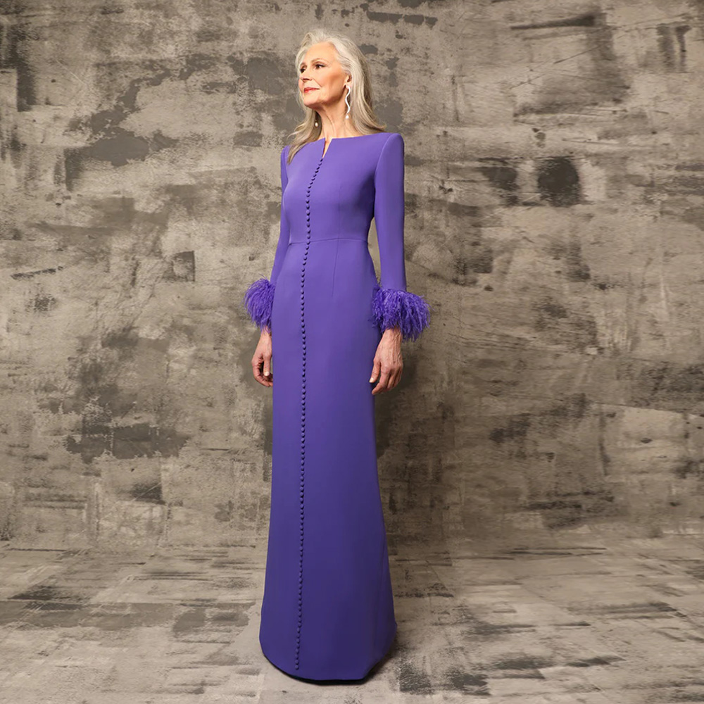 Lavender Mermaid Mother of the Bride Dress 2023 Boat Neck Long Sleeve Feathers Sweep Train Buttons Wedding Guest Prom Gowns For Mom Elegant