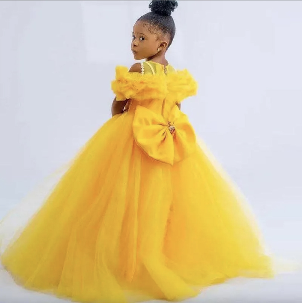 Yellow Puffy Little Kids Birthday Party Dresses Jewel Neck Ruffles Mother And Girl Princess Flower Girls Gowns Toddler Prom Dress 0509