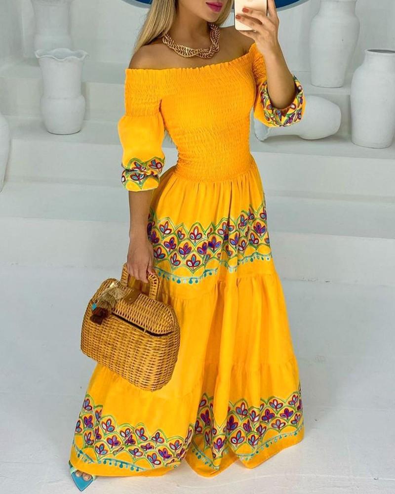 Dresses Off Shoulder Suower Print Shirred Maxi Dress Women Frill Hem Slash Neck Daily Casual Summer Dress, Blue
Dresses Off Shoulder Suower Print Shirred Maxi Dress Women Frill Hem Slash Neck Daily Casual Summer Dress, Blue