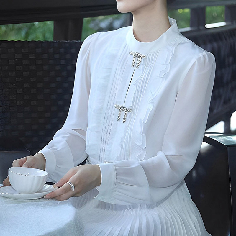 Casual Dresses S-elf-Portrait Chiffon Pleated Dress Round Neck Long Sleeve Mini Dress for Women