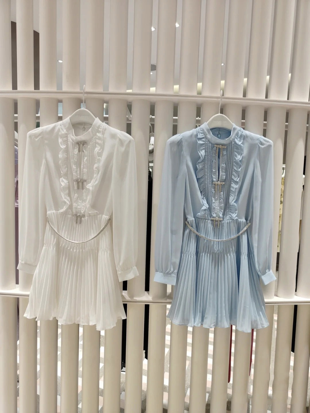 Casual Dresses S-elf-Portrait Chiffon Pleated Dress Round Neck Long Sleeve Mini Dress for Women