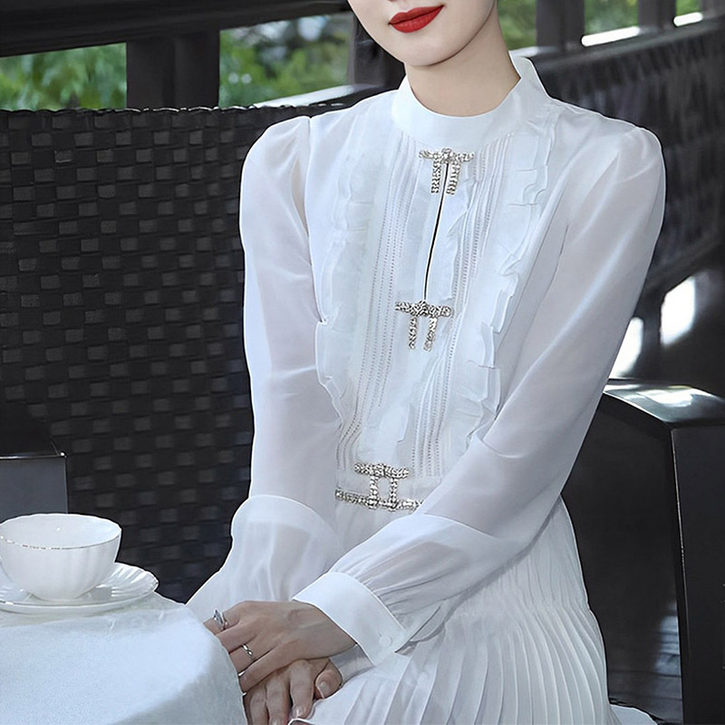 Casual Dresses S-elf-Portrait Chiffon Pleated Dress Round Neck Long Sleeve Mini Dress for Women