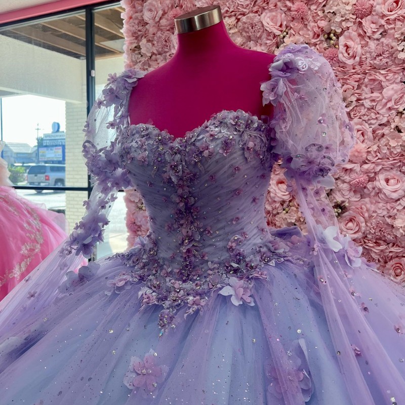 Quinceanera Lavender Princess Dresses D Wers Beads Applique Bow Long Sleeved Lace Up Corset Sweet Dress Party Wear Xv ress