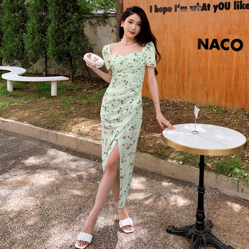 Casual Dresses S-elf-Portrait Chiffon Midi Dress Backless Short Sleeve Pleated Dress for