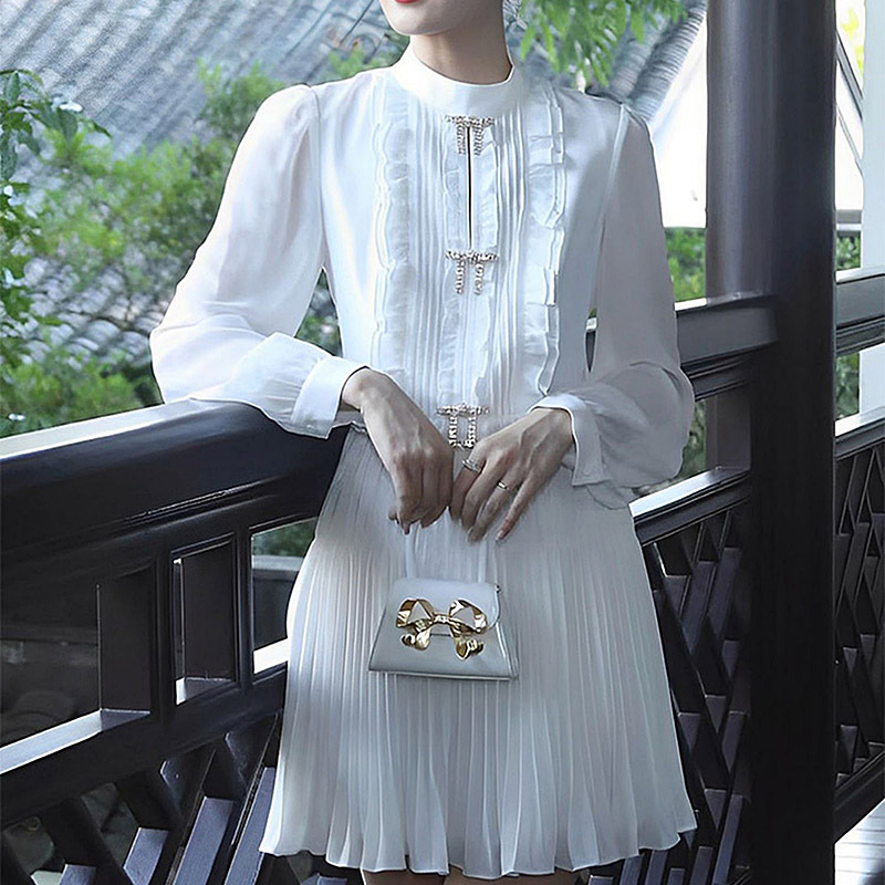 Casual Dresses S-elf-Portrait Chiffon Pleated Dress Round Neck Long Sleeve Mini Dress for Women