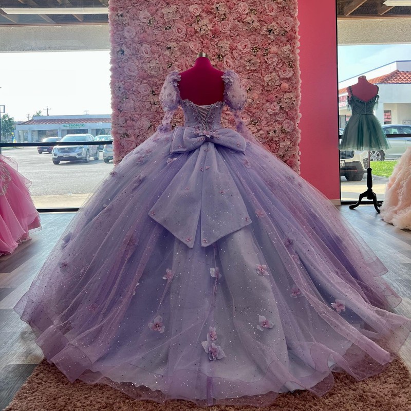 Quinceanera Lavender Princess Dresses D Wers Beads Applique Bow Long Sleeved Lace Up Corset Sweet Dress Party Wear Xv ress
