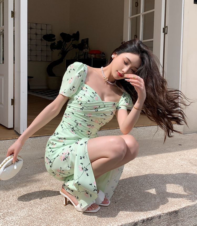 Casual Dresses S-elf-Portrait Chiffon Midi Dress Backless Short Sleeve Pleated Dress for