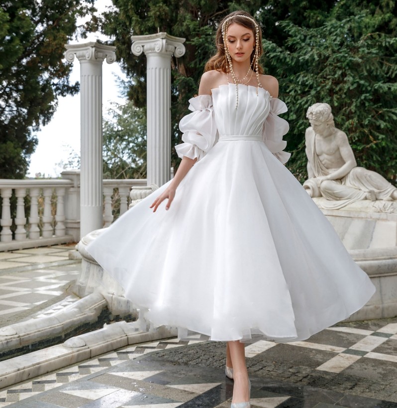 Princess Short Organza Wedding Dresses 2023 Garden Strapless Removable Sleeve Beach Robe De Mariage Bridal Gown Tea Length Vestido De Noiva