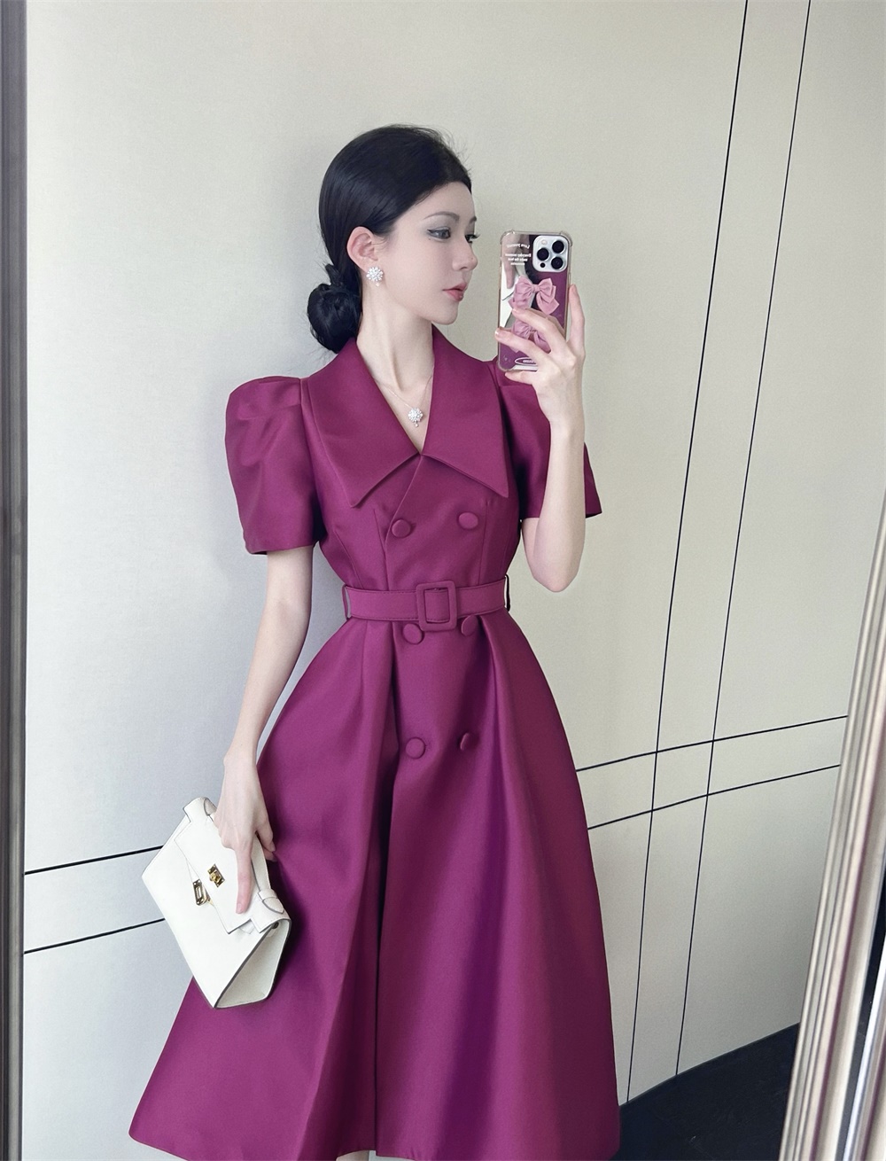 Sexy Dresses Elegant Office Lady Solid Color Notched Blazer Dress Women Vintage Double-breasted Puff Sleeve With Belt Short Sleeve Mid Dress 2024
