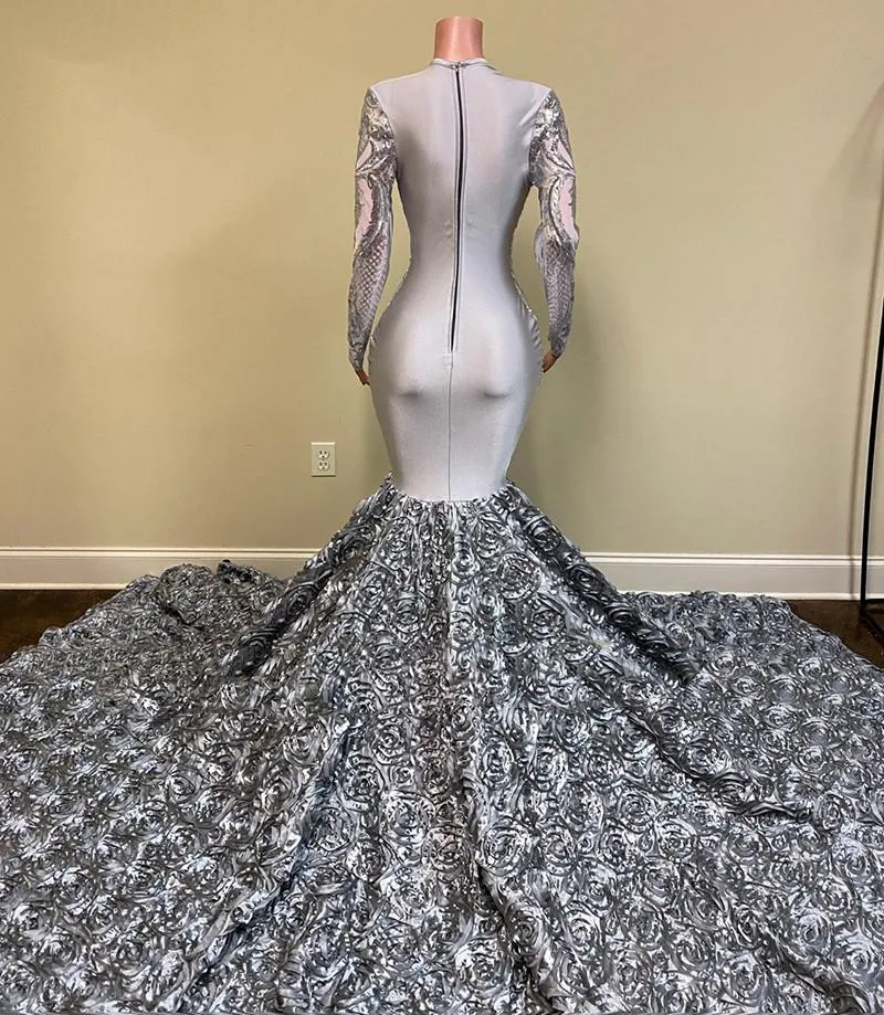 Sier Prom Dresses Mermaid Long Sleeves Deep V Neck Floral Floor Length Custom Made Ruched Evening Party Gowns Vestidos Plus Size estidos