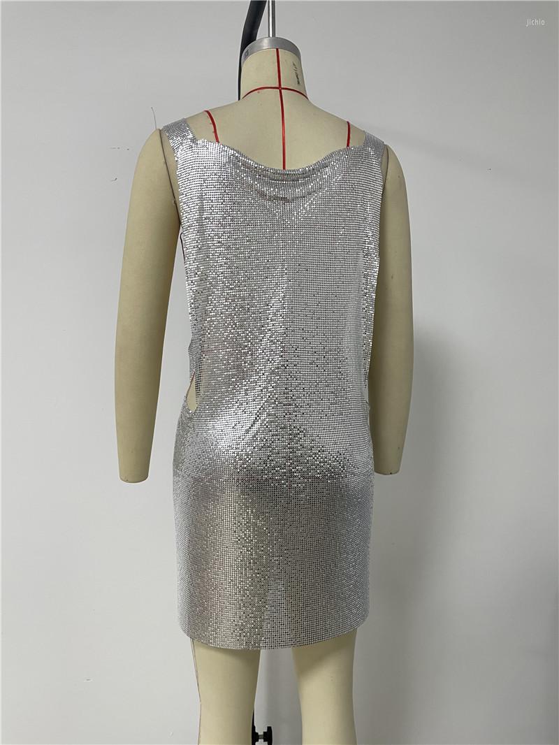 Casual Dresses 2024 Hollow Out Sexy Women Dress Silver Gold Sleeveless Vening Party Dance Show Bodycon Sequins Maxi Vestidos For