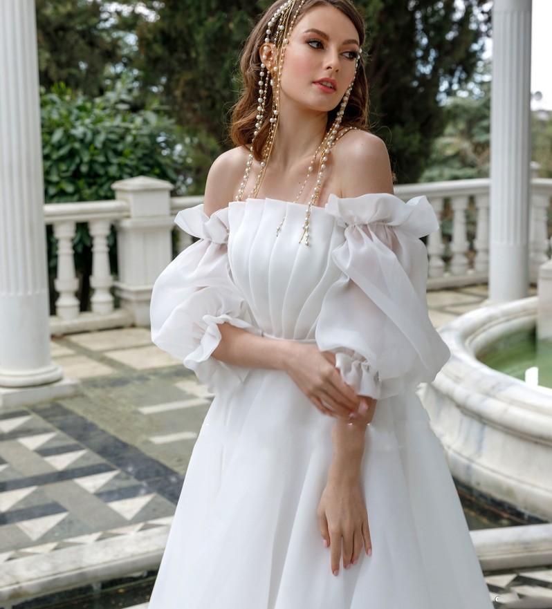 Princess Short Organza Wedding Dresses 2023 Garden Strapless Removable Sleeve Beach Robe De Mariage Bridal Gown Tea Length Vestido De Noiva