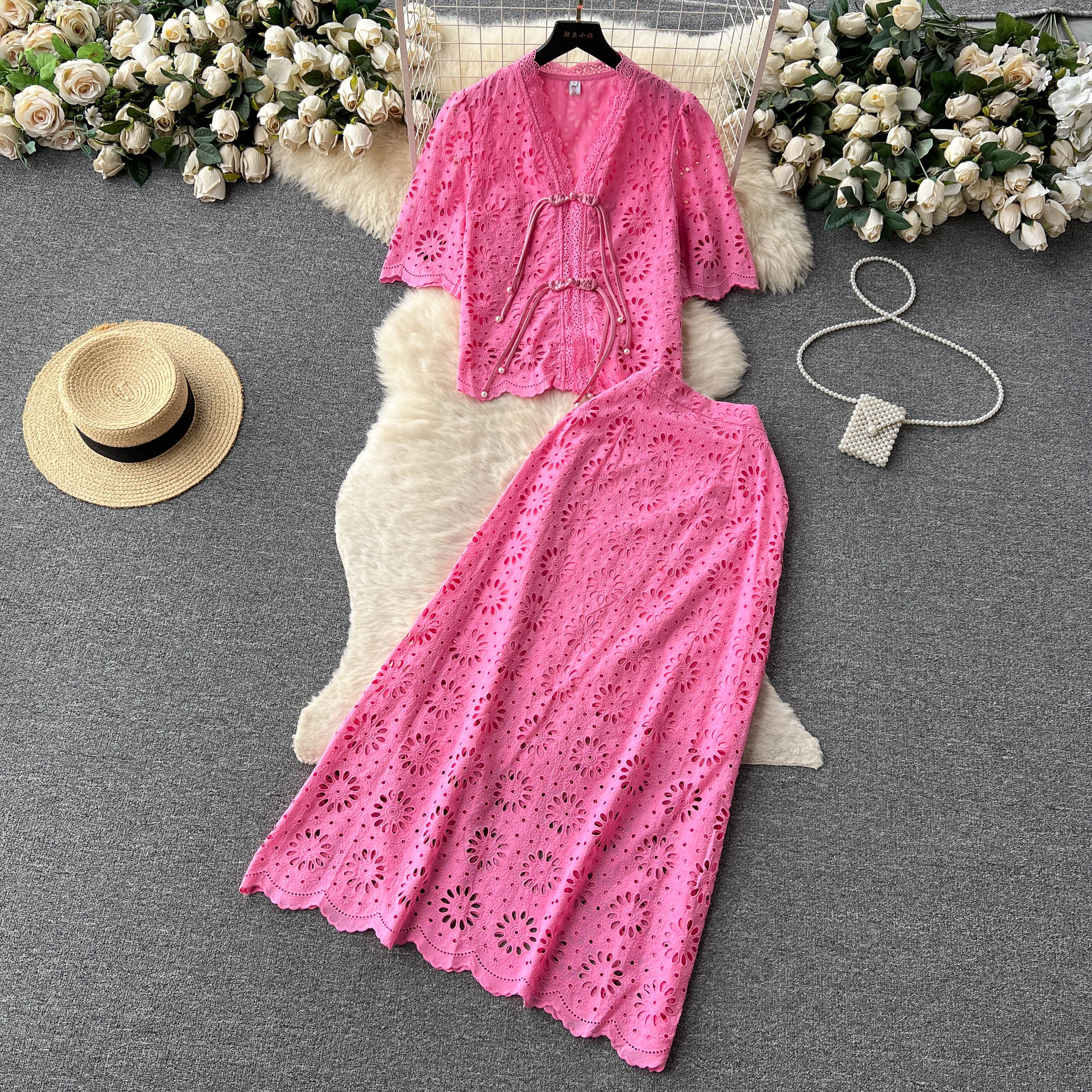 Two Piece Dress High Quaity Flower Embroidery Two Piece Set For Women Vintage V-neck Coil Buckle Shirt +Long Skirt Sets Cotton 2 Piece Outfits 2024