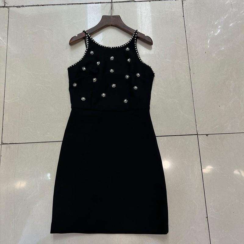 Casual Dresses 2023 Fashion Summer Women Sexy Spaghetti Strap Sleeveless Flares Beading Pearls Mini Elegently Slim Black Dress