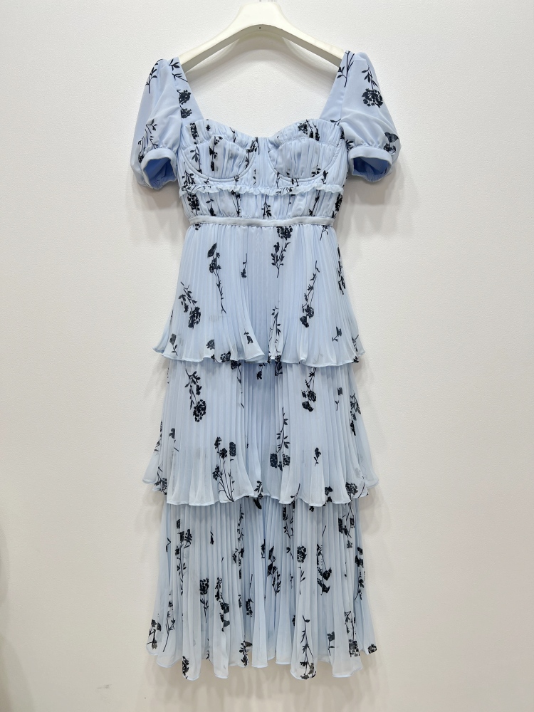 Casual Dresses S-elf-Portrait Polyester Midi Dress Short Sleeve Slim Fit Dress for Women Blue