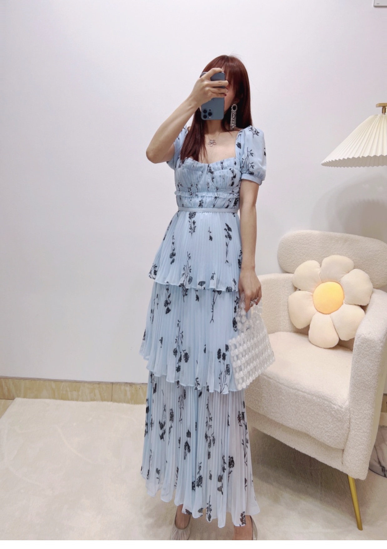 Casual Dresses S-elf-Portrait Polyester Midi Dress Short Sleeve Slim Fit Dress for Women Blue
