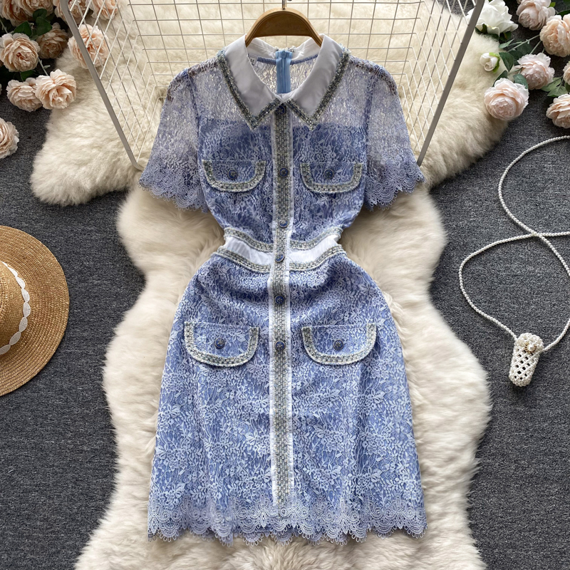 Casual Dresses Elegant Dresses For Women 2023 High Quality Print Lace Summer Dress Vestidos Tweed trim Single-breasted Slim Bodycon Dress