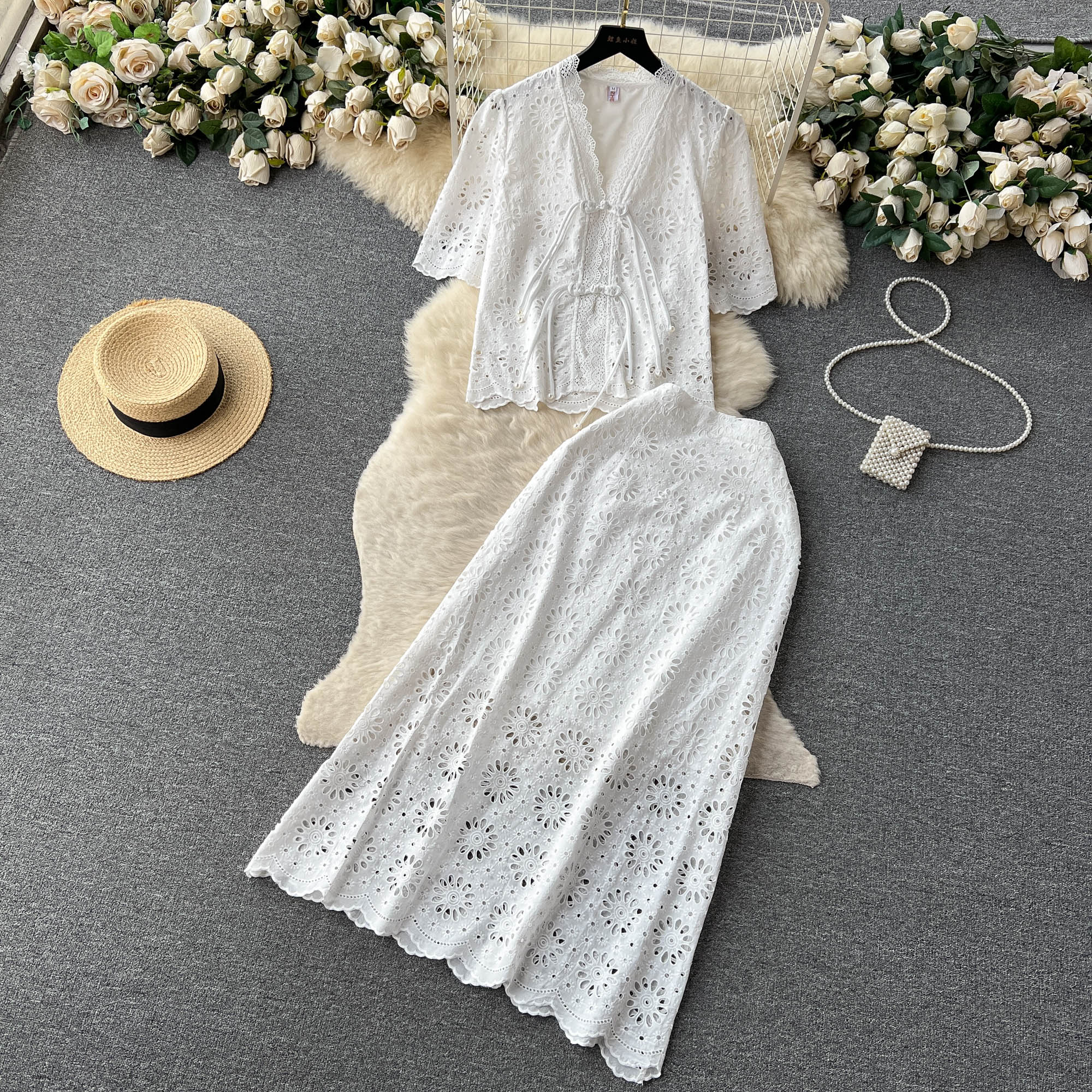 Two Piece Dress High Quaity Flower Embroidery Two Piece Set For Women Vintage V-neck Coil Buckle Shirt +Long Skirt Sets Cotton 2 Piece Outfits 2024
