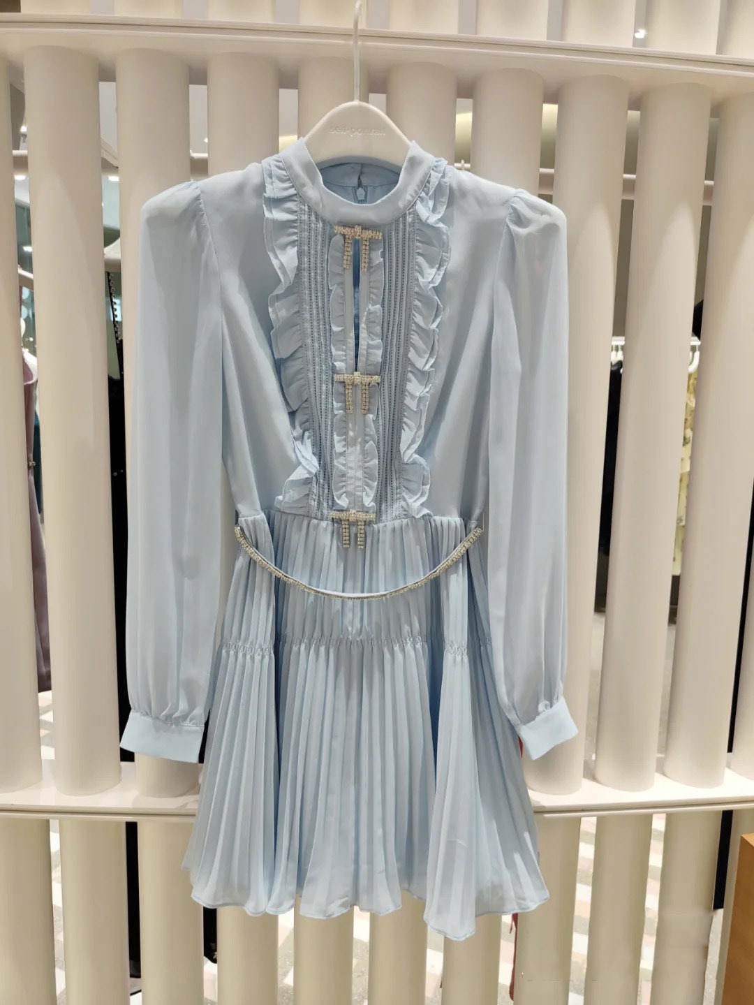 Casual Dresses S-elf-Portrait Chiffon Pleated Dress Round Neck Long Sleeve Mini Dress for Women