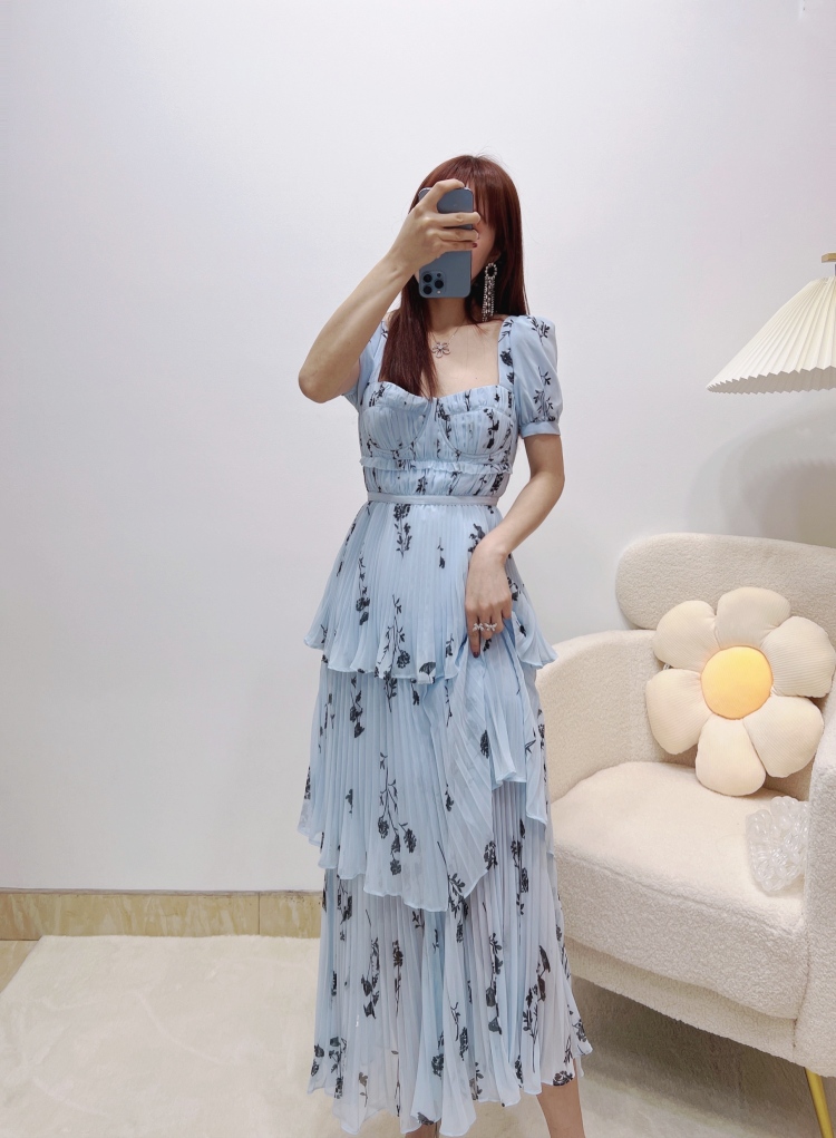 Casual Dresses S-elf-Portrait Polyester Midi Dress Short Sleeve Slim Fit Dress for Women Blue