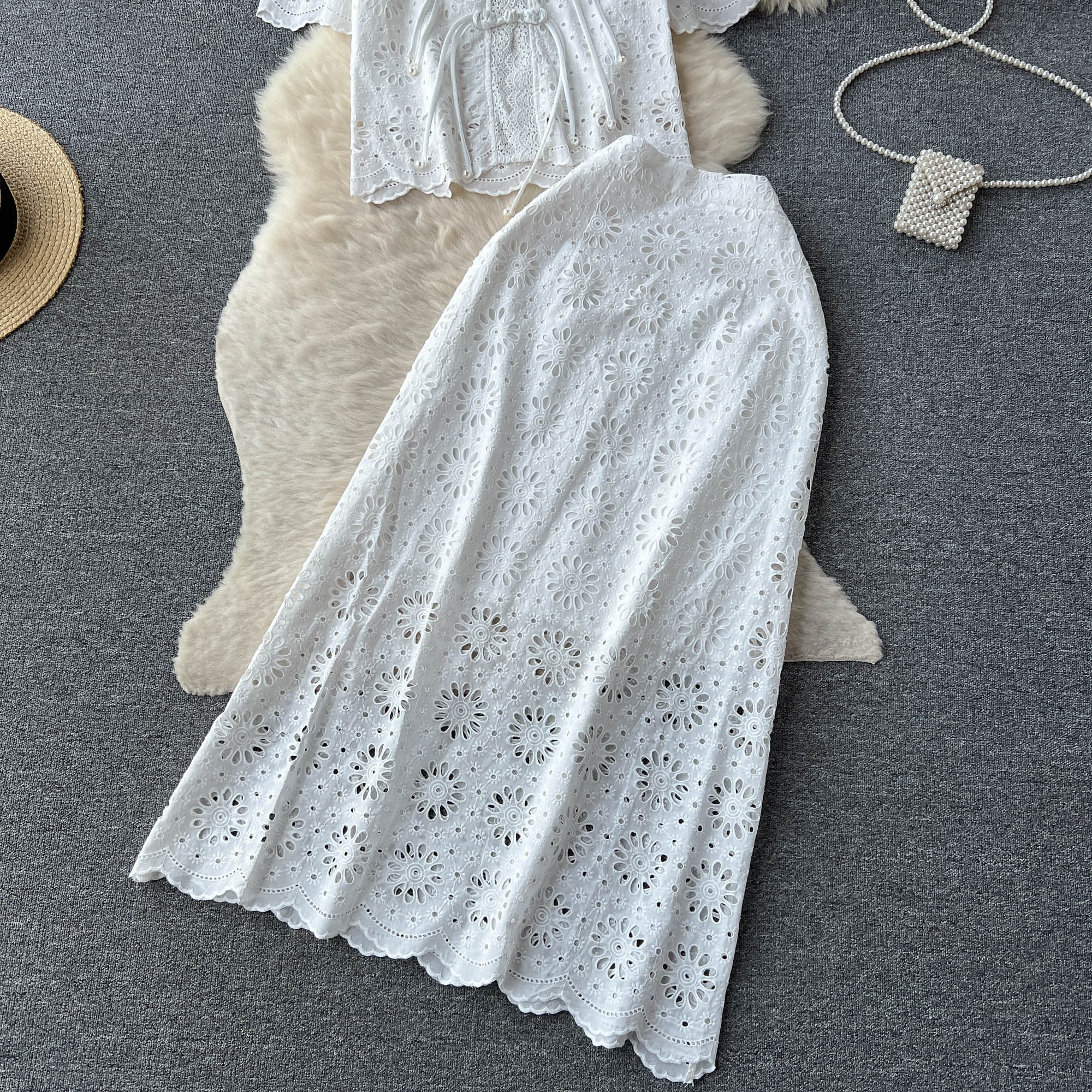 Two Piece Dress High Quaity Flower Embroidery Two Piece Set For Women Vintage V-neck Coil Buckle Shirt +Long Skirt Sets Cotton 2 Piece Outfits 2024