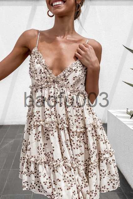 Casual Dresses Spaghetti Strap Floral Sundress Women Lace Trim Mini A-Line Dress Summer Prairie Chic Lady Flared Ruffled Short Dress Summer J230619