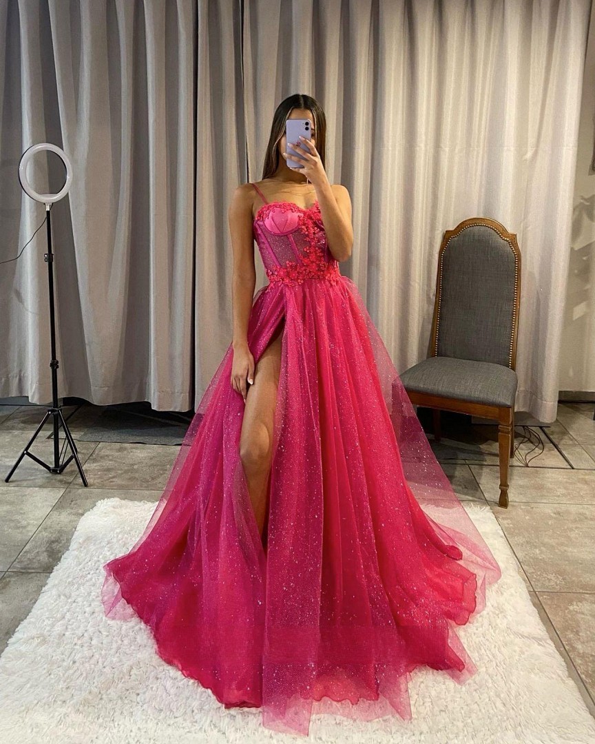 Sexy Rosy Pink Prom Dresses Spaghetti Bone Bodice Glitter Party Evening Gowns Split Formal Long Special Ocn Dress 0516
