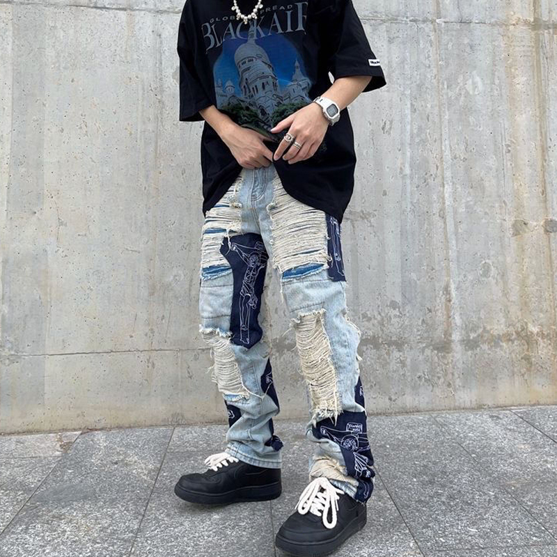 Men's Jeans Spring Y2K Men's Vintage Ripped Jeans Clothes Fashion Trousers Cross Splicing Streetwear Straight Baggy Trousers Pants For Men 2