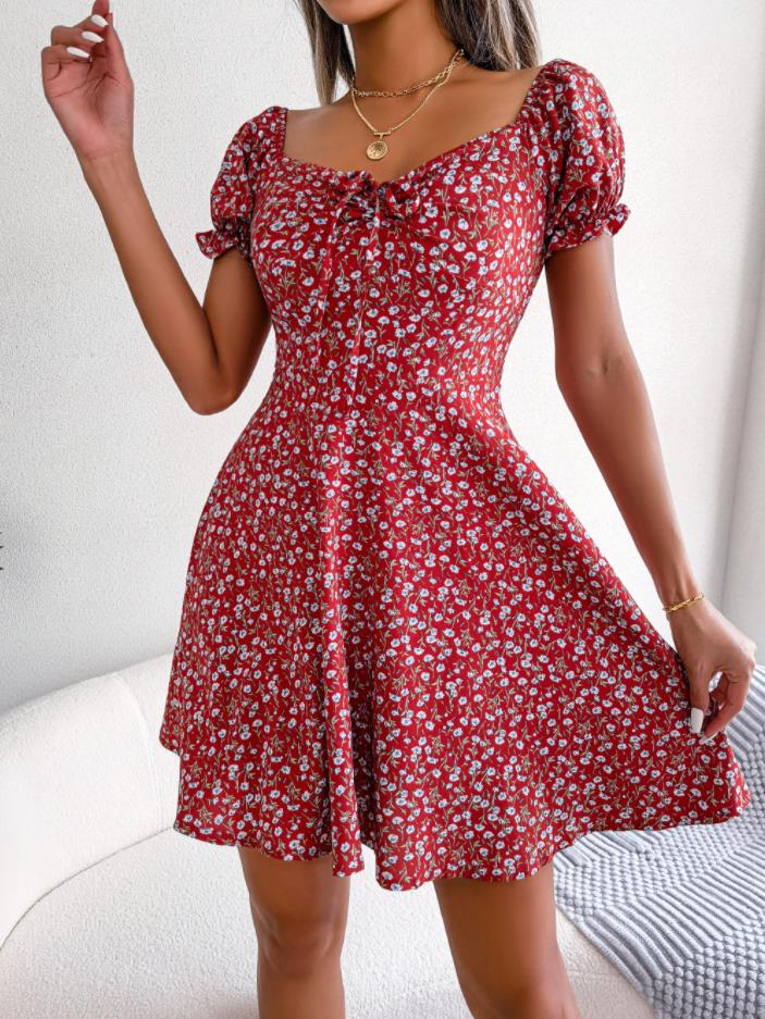 Designer New Fashion Women Casual Dresses Ruffles Short Sleeve Floral Print A Line Dress