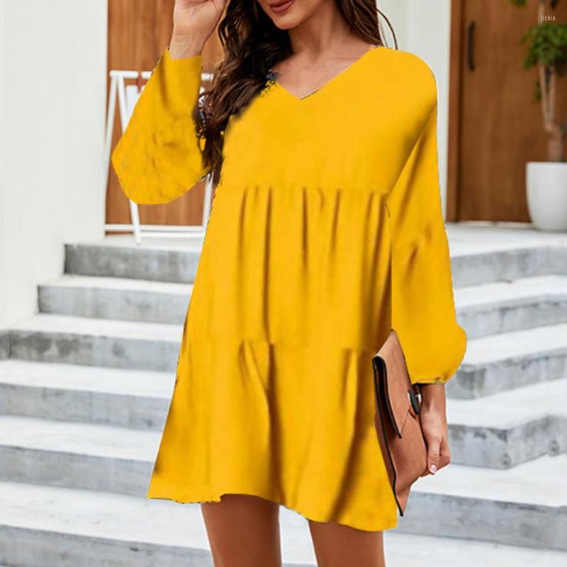 Casual Dresses Summer Dress 2024 Womens V-Neck Mid Rise Flowy Hem Mini Long Sleeve Leaf Print Women Ladies Clothing